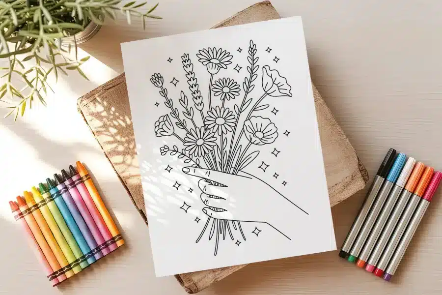 Line Drawing Of A Hand Holding A Bouquet Of Flowers.