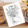 Line Drawing Of A Hand Holding A Bouquet Of Flowers.