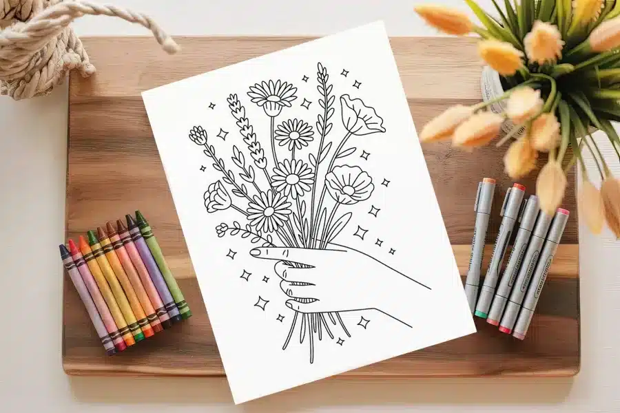 Line Drawing Of A Hand Holding A Bouquet Of Flowers.