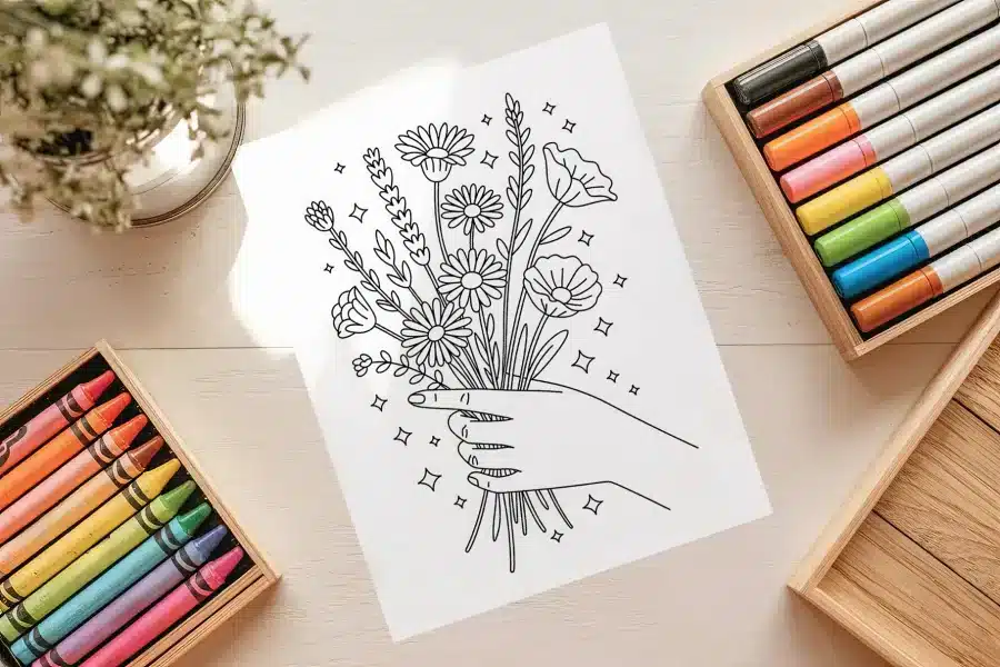Hand Holding Flower Bouquet Coloring Page - free printable aesthetic adult coloring sheet of a hand with wildflowers