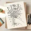 Line Drawing Of A Hand Holding A Bouquet Of Flowers.