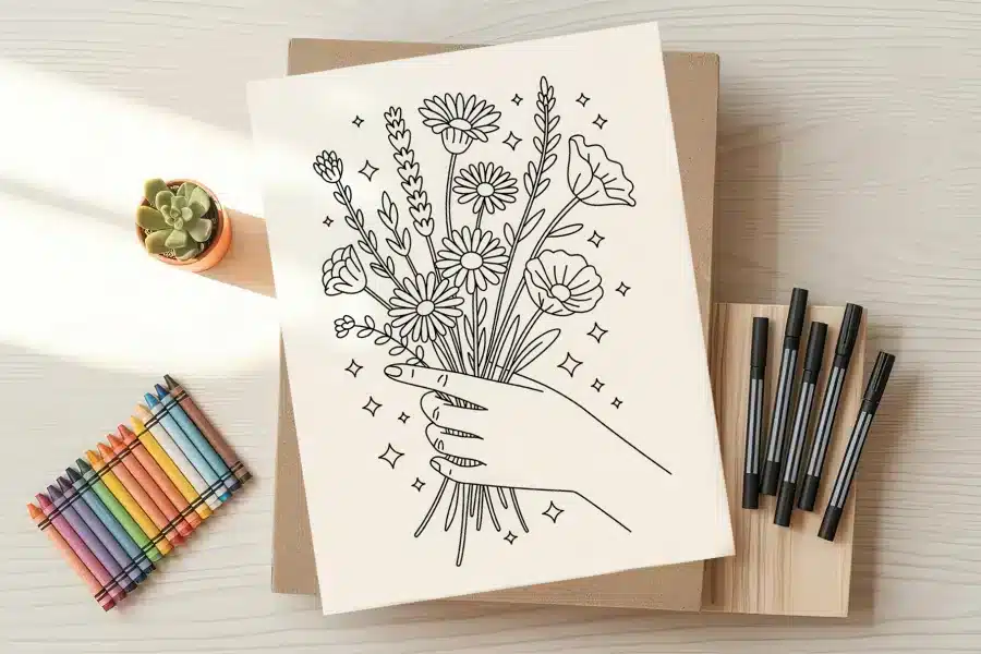 Line drawing of a hand holding a bouquet of flowers.