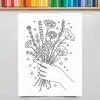 Line Drawing Of A Hand Holding A Bouquet Of Flowers.