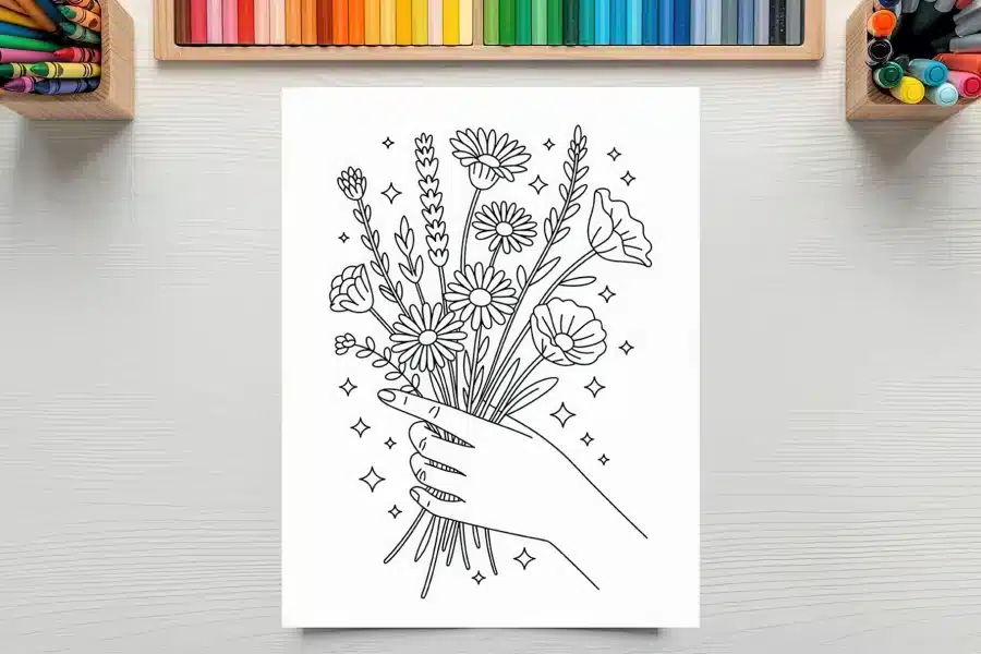 Line Drawing Of A Hand Holding A Bouquet Of Flowers.