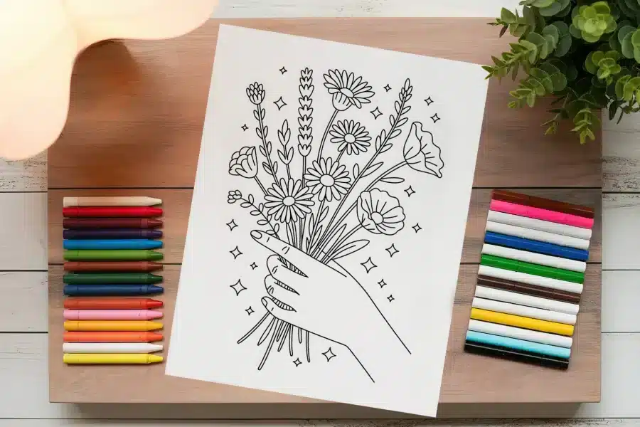 Line Drawing Of A Hand Holding A Bouquet Of Flowers.