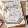 Line Drawing Of A Bedroom With A Bed, Hanging Plants, And String Lights.