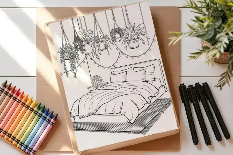 Line Drawing Of A Bedroom With A Bed, Hanging Plants, And String Lights.