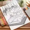 A Coloring Page Depicting A Bedroom With A Bed, Hanging Plants, And A Nightstand.