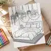 Line Drawing Of A Bedroom With A Bed, Hanging Plants, And String Lights.