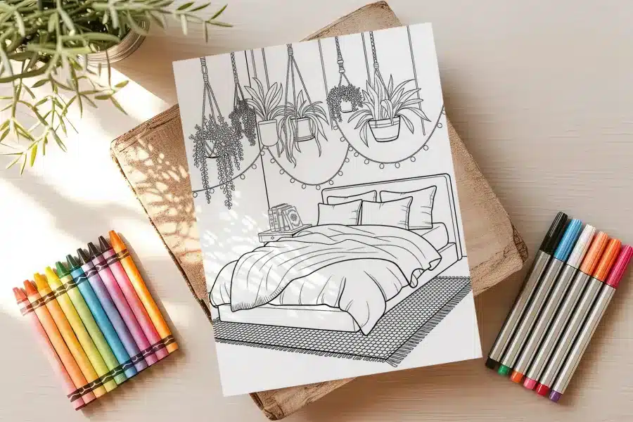 Line Drawing Of A Bedroom With A Bed, Hanging Plants, And String Lights.