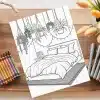 A Coloring Page Depicting A Bed With Hanging Plants And String Lights Above It.