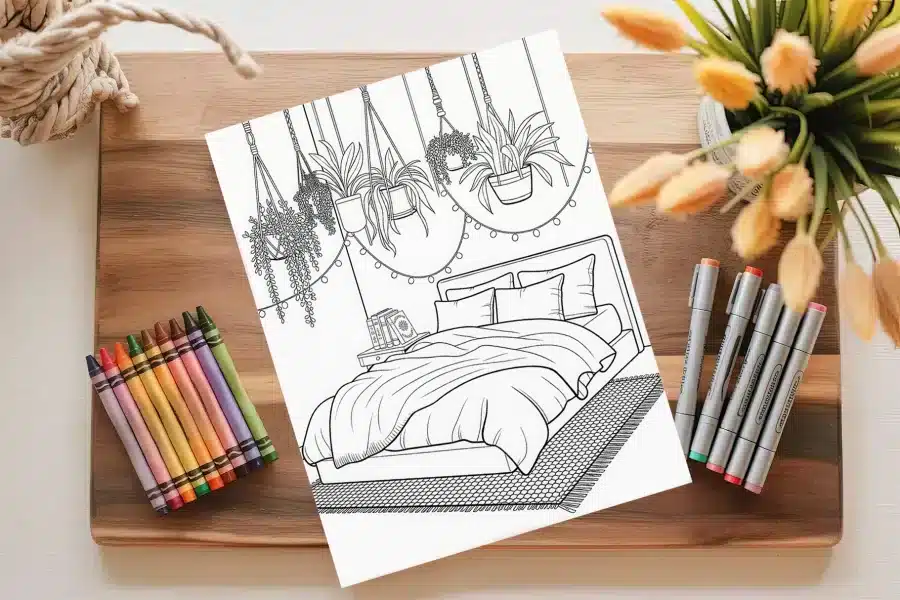 A Coloring Page Depicting A Bed With Hanging Plants And String Lights Above It.