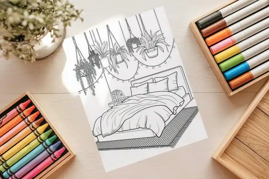Hanging Plants Bedroom Coloring Page - free printable aesthetic adult coloring sheet with bed and hanging plants