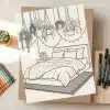 Line Drawing Of A Bed With Hanging Plants Above It.
