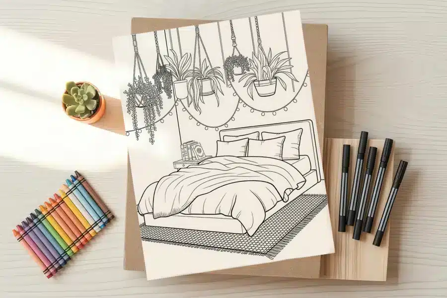 Line drawing of a bed with hanging plants above it.