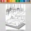Line Drawing Of A Bedroom With A Bed, Hanging Plants, And String Lights.