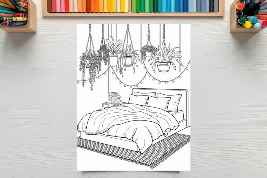 Line Drawing Of A Bedroom With A Bed, Hanging Plants, And String Lights.