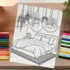 Line Drawing Of A Bedroom Scene Featuring A Bed With Pillows And Blankets, A Nightstand With Books, And Hanging Plants With String Lights Above.