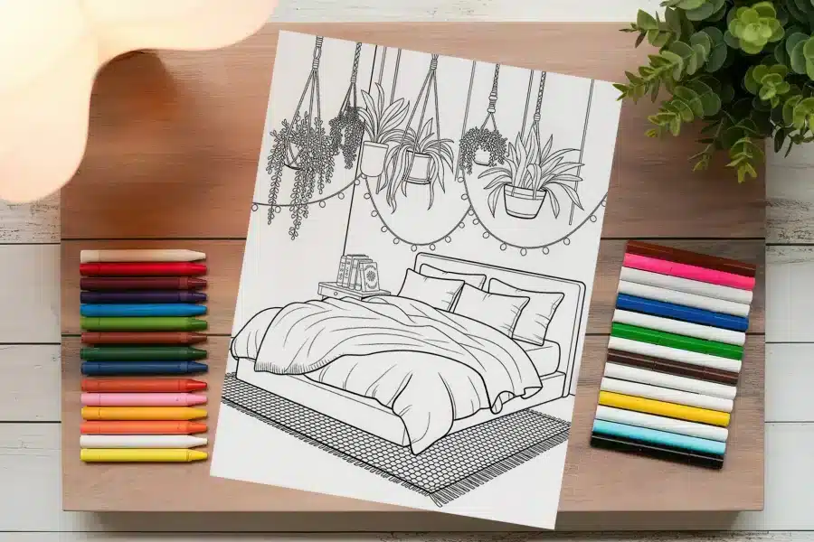Line Drawing Of A Bedroom Scene Featuring A Bed With Pillows And Blankets, A Nightstand With Books, And Hanging Plants With String Lights Above.
