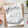 A Coloring Page Depicting A Bed With Hanging Plants Above It.