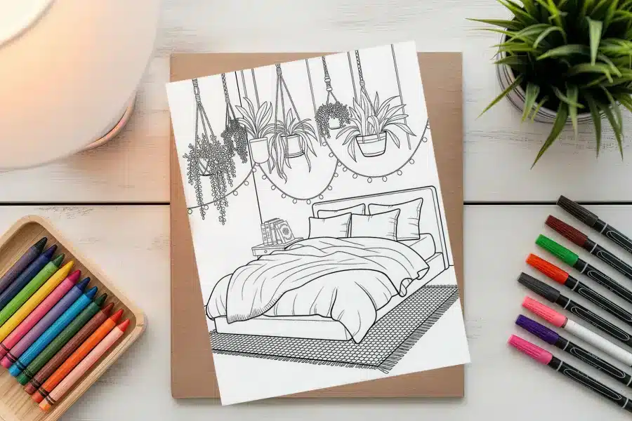 A Coloring Page Depicting A Bed With Hanging Plants Above It.
