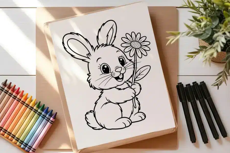 Line Drawing Of A Cute Bunny Holding A Flower.