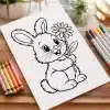 Line Drawing Of A Bunny Holding A Flower.