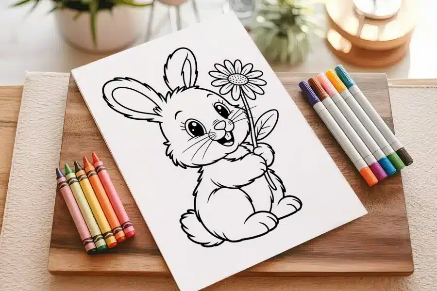 Line Drawing Of A Bunny Holding A Flower.