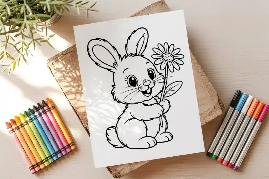 A Coloring Page Featuring A Cute Cartoon Bunny Holding A Flower.