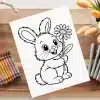 A Coloring Page Featuring A Cute Bunny Holding A Flower.