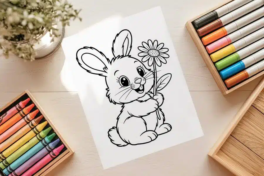 Happy Bunny Holding Flower Coloring Page - free printable aesthetic coloring sheet of a smiling bunny with a daisy