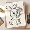 Line Drawing Of A Rabbit Holding A Flower.