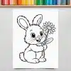 Line Drawing Of A Rabbit Holding A Flower.