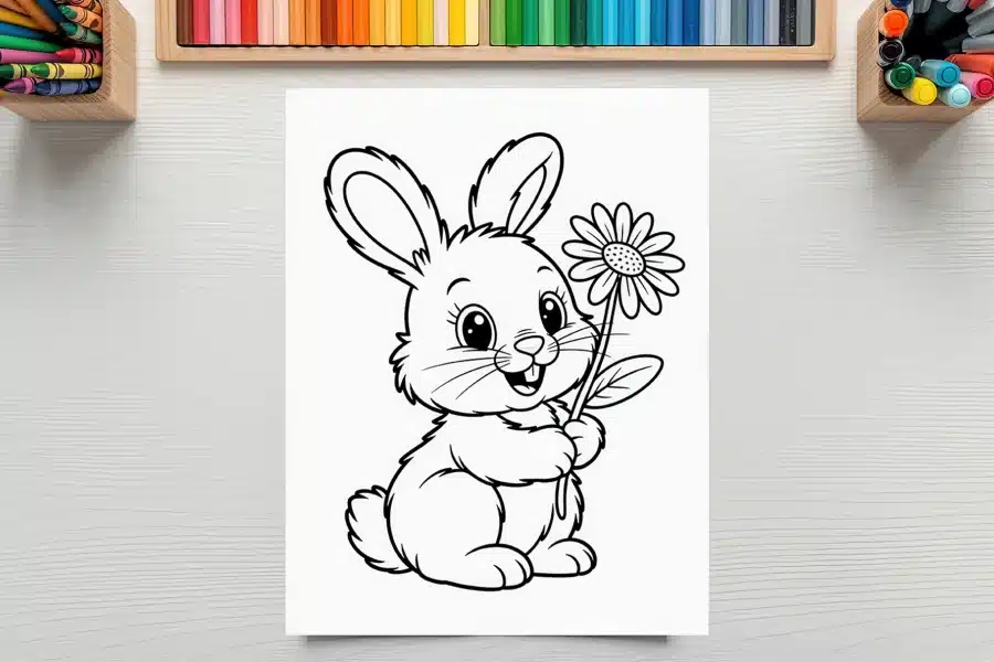 Line Drawing Of A Rabbit Holding A Flower.