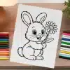 Line Drawing Of A Rabbit Holding A Flower.
