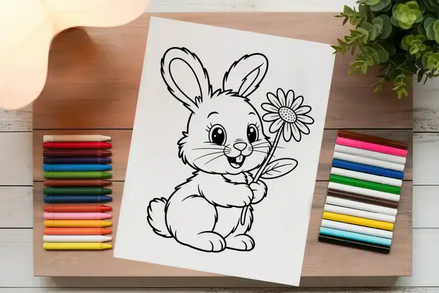 Line Drawing Of A Rabbit Holding A Flower.