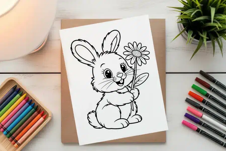 Line Drawing Of A Happy Bunny Holding A Flower.