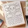 Coloring Page Featuring A Smiling Sun Surrounded By Clouds And Rain.