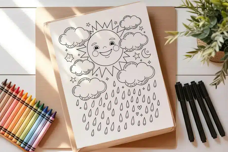 Coloring Page Featuring A Smiling Sun Surrounded By Clouds And Rain.