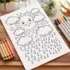 Coloring Page Featuring A Smiling Sun Surrounded By Clouds And Rain.