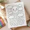 Coloring Page Featuring A Smiling Sun Surrounded By Clouds And Raindrops.