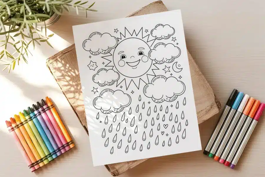 Coloring Page Featuring A Smiling Sun Surrounded By Clouds And Raindrops.