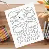 Coloring Page Featuring A Smiling Sun With Clouds And Raindrops.