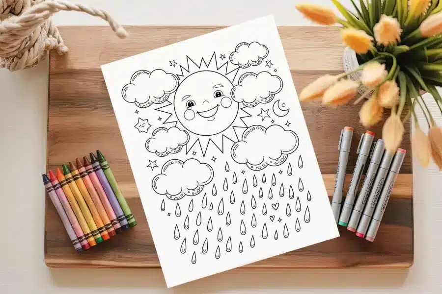 Coloring Page Featuring A Smiling Sun With Clouds And Raindrops.