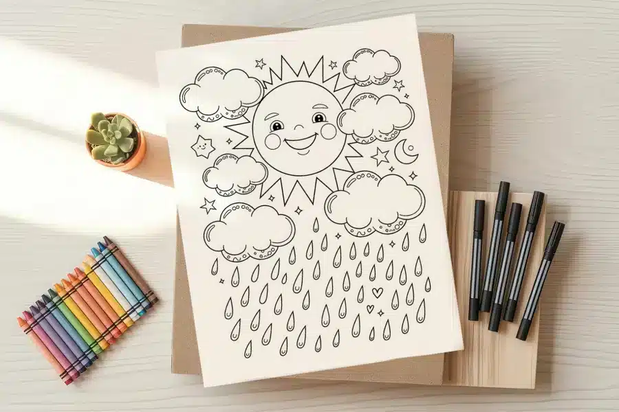 Coloring Page Featuring A Happy Sun With Clouds And Rain.
