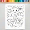 A Coloring Page Featuring A Smiling Sun Surrounded By Clouds And Rain.