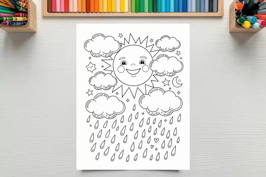 A Coloring Page Featuring A Smiling Sun Surrounded By Clouds And Rain.