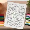 A Coloring Page Featuring A Smiling Sun Surrounded By Clouds And Rain.
