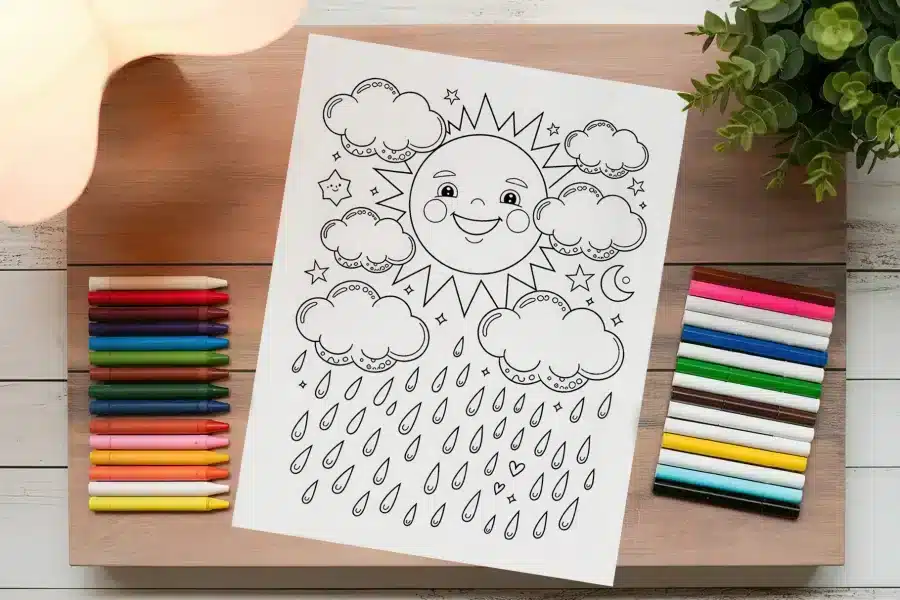 A Coloring Page Featuring A Smiling Sun Surrounded By Clouds And Rain.