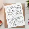 A Coloring Page Featuring A Smiling Sun Surrounded By Clouds And Rain.